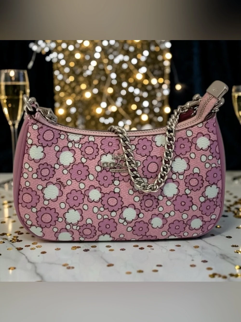 Coach NWT - Pink & White Floral Chain Shoulder Bag - Picture 1 of 7
